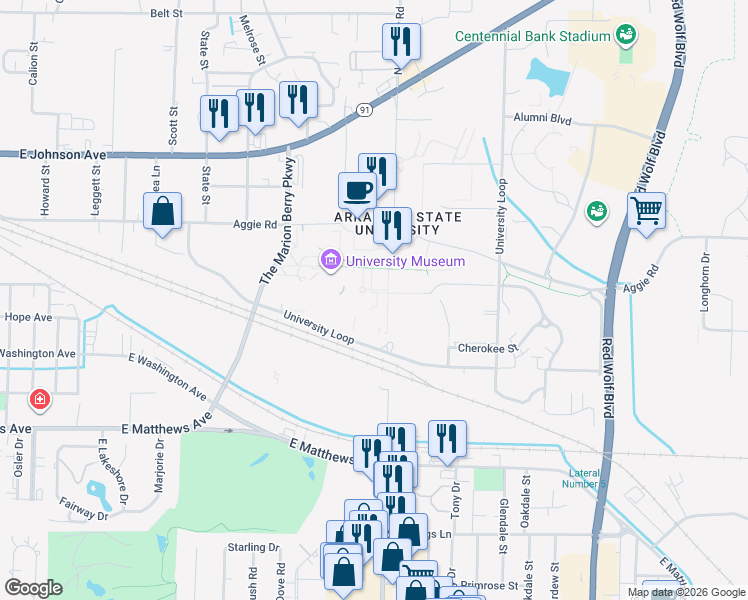 map of restaurants, bars, coffee shops, grocery stores, and more near 2407 Quapaw Way in Jonesboro