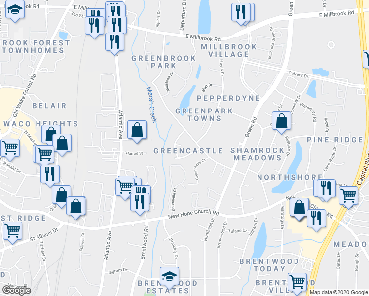 map of restaurants, bars, coffee shops, grocery stores, and more near 4224 Bertram Drive in Raleigh