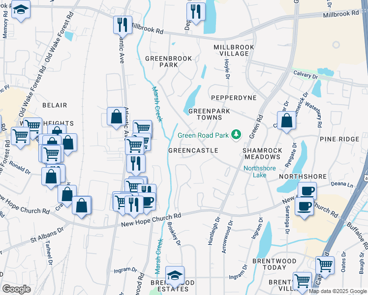 map of restaurants, bars, coffee shops, grocery stores, and more near 4201 Bertram Drive in Raleigh