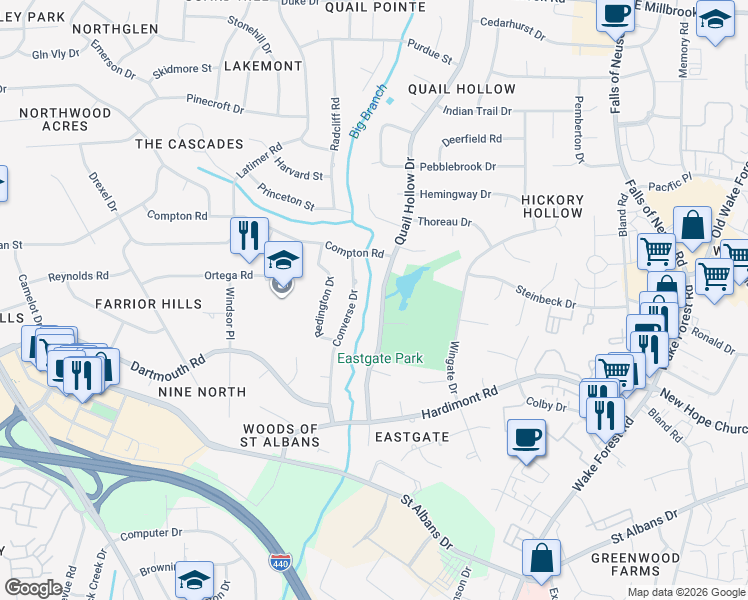map of restaurants, bars, coffee shops, grocery stores, and more near 4109 Quail Hollow Drive in Raleigh