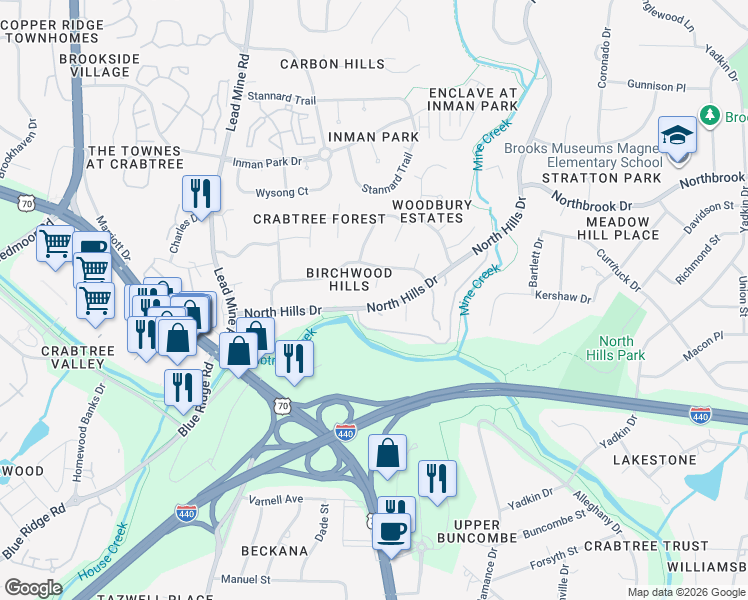 map of restaurants, bars, coffee shops, grocery stores, and more near 1931 North Hills Drive in Raleigh