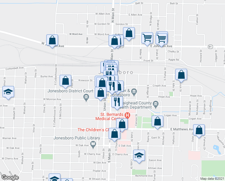 map of restaurants, bars, coffee shops, grocery stores, and more near 322 South Main Street in Jonesboro