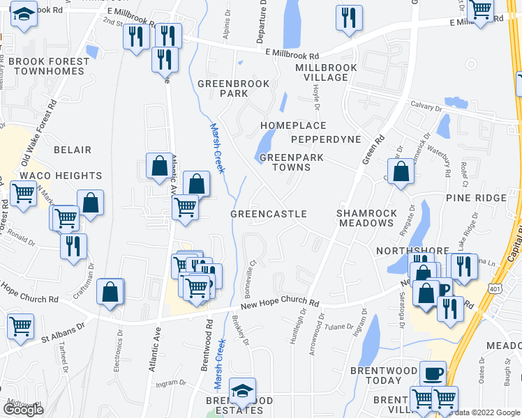 map of restaurants, bars, coffee shops, grocery stores, and more near 4204 Cobia Court in Raleigh