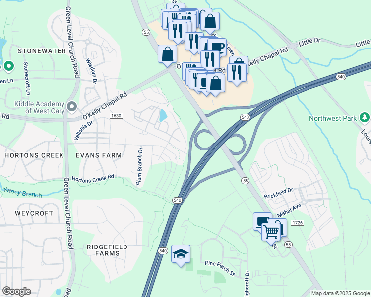 map of restaurants, bars, coffee shops, grocery stores, and more near 2012 Alston Avenue in Cary