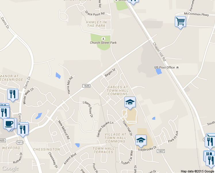 map of restaurants, bars, coffee shops, grocery stores, and more near Concordia Woods Drive in Morrisville