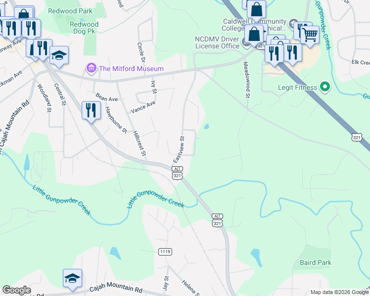 map of restaurants, bars, coffee shops, grocery stores, and more near 119 Shamrock Circle Drive in Hudson