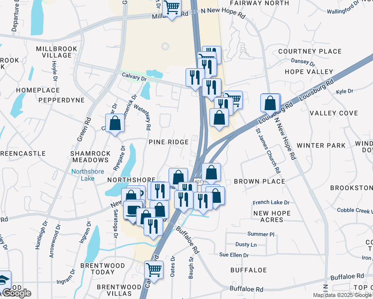 map of restaurants, bars, coffee shops, grocery stores, and more near 4354 Bona Court in Raleigh