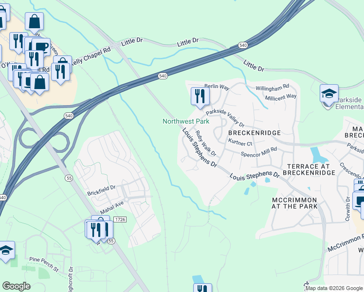 map of restaurants, bars, coffee shops, grocery stores, and more near 302 Walnut Woods Drive in Morrisville
