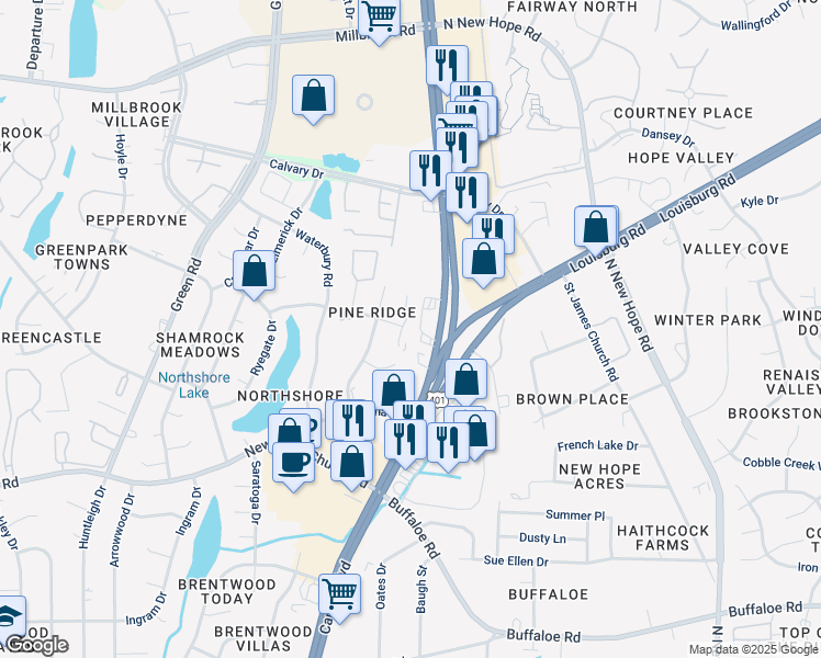map of restaurants, bars, coffee shops, grocery stores, and more near 4354 Bona Court in Raleigh