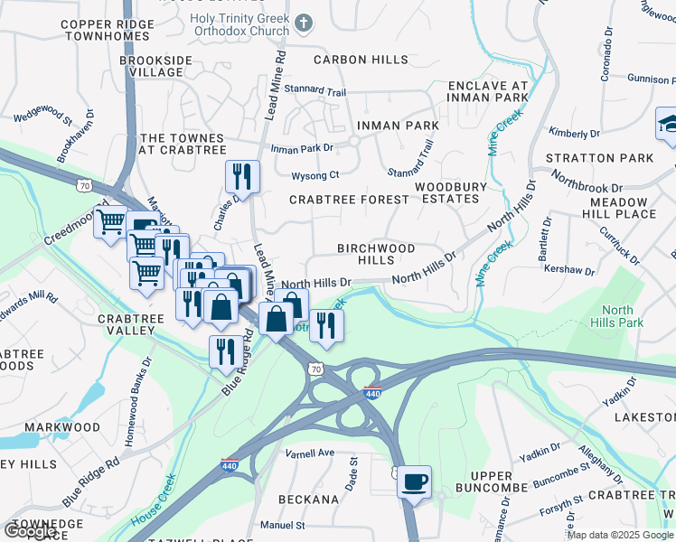 map of restaurants, bars, coffee shops, grocery stores, and more near 2112 Hillock Drive in Raleigh