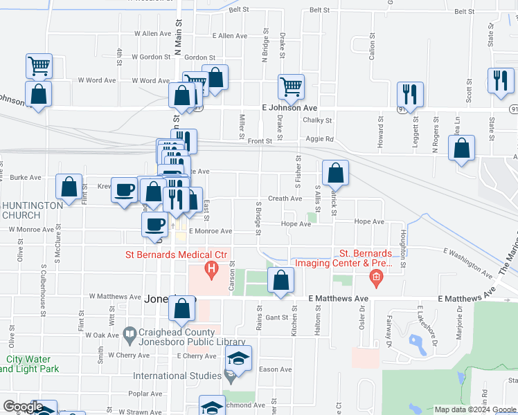 map of restaurants, bars, coffee shops, grocery stores, and more near 300 South Bridge Street in Jonesboro