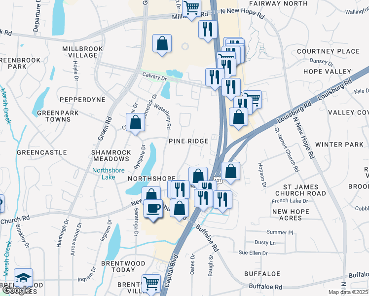 map of restaurants, bars, coffee shops, grocery stores, and more near 4274 Lake Ridge Drive in Raleigh