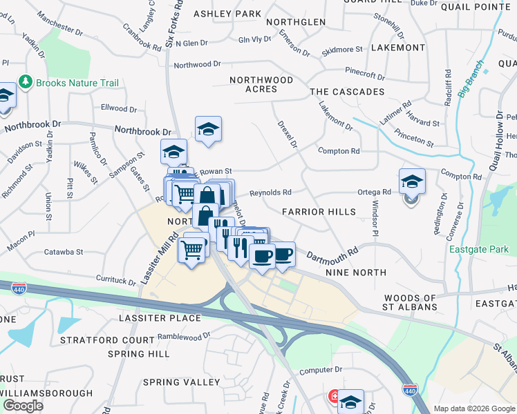 map of restaurants, bars, coffee shops, grocery stores, and more near 115 Reynolds Road in Raleigh