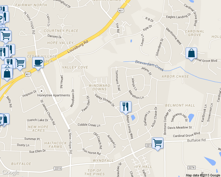 map of restaurants, bars, coffee shops, grocery stores, and more near 4817 Mocha Lane in Raleigh