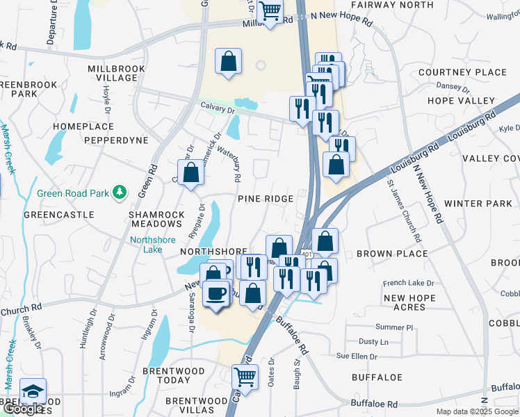 map of restaurants, bars, coffee shops, grocery stores, and more near 3301 Comstock Road in Raleigh