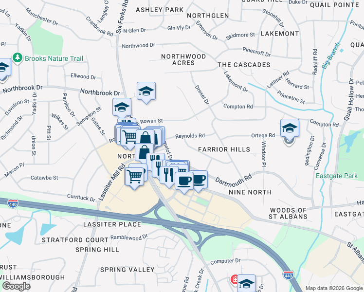 map of restaurants, bars, coffee shops, grocery stores, and more near 115 Reynolds Road in Raleigh