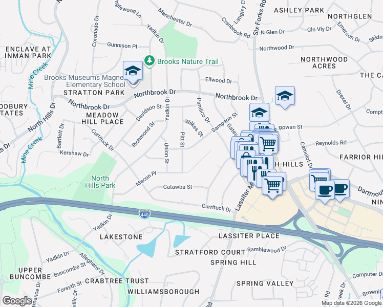 map of restaurants, bars, coffee shops, grocery stores, and more near 608 Sampson Street in Raleigh