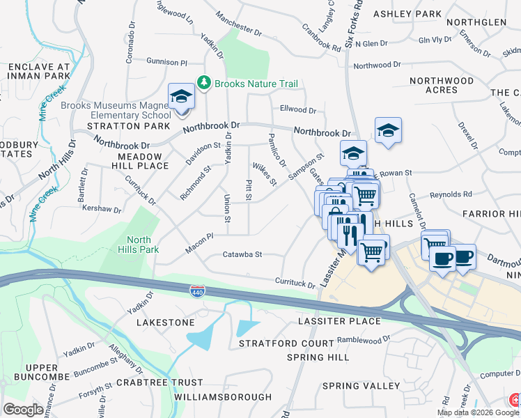 map of restaurants, bars, coffee shops, grocery stores, and more near 608 Sampson Street in Raleigh