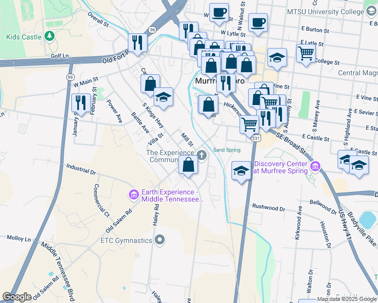 map of restaurants, bars, coffee shops, grocery stores, and more near 215 Dosie Avenue in Murfreesboro