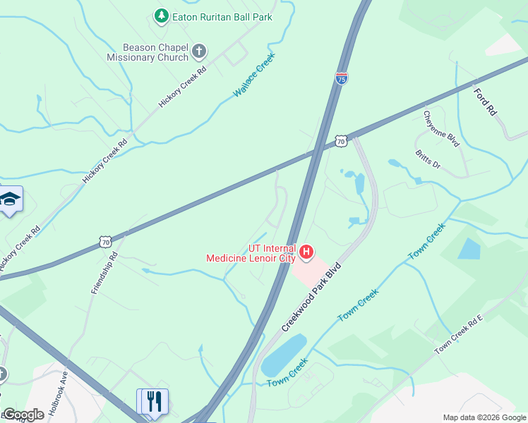 map of restaurants, bars, coffee shops, grocery stores, and more near 868 Old Hickory Lane in Lenoir City