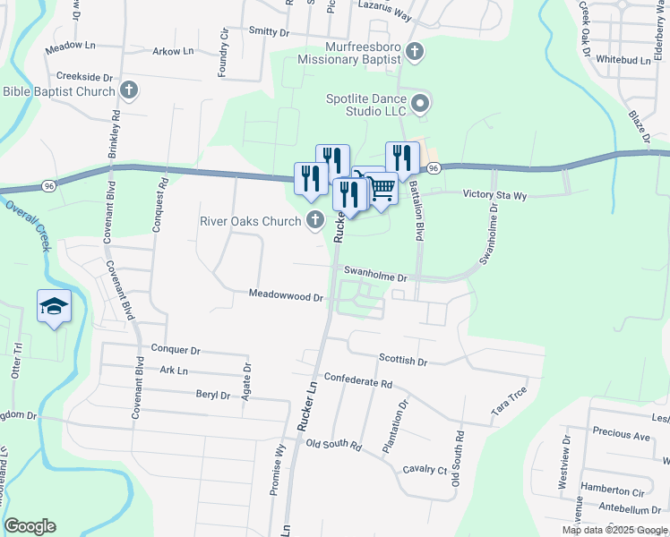 map of restaurants, bars, coffee shops, grocery stores, and more near 205 Rucker Lane in Murfreesboro