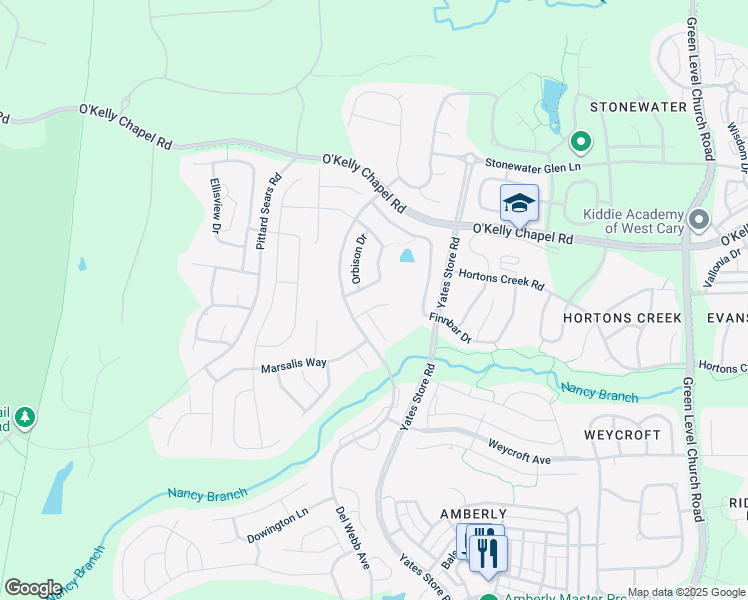 map of restaurants, bars, coffee shops, grocery stores, and more near 233 Lifeson Way in Cary