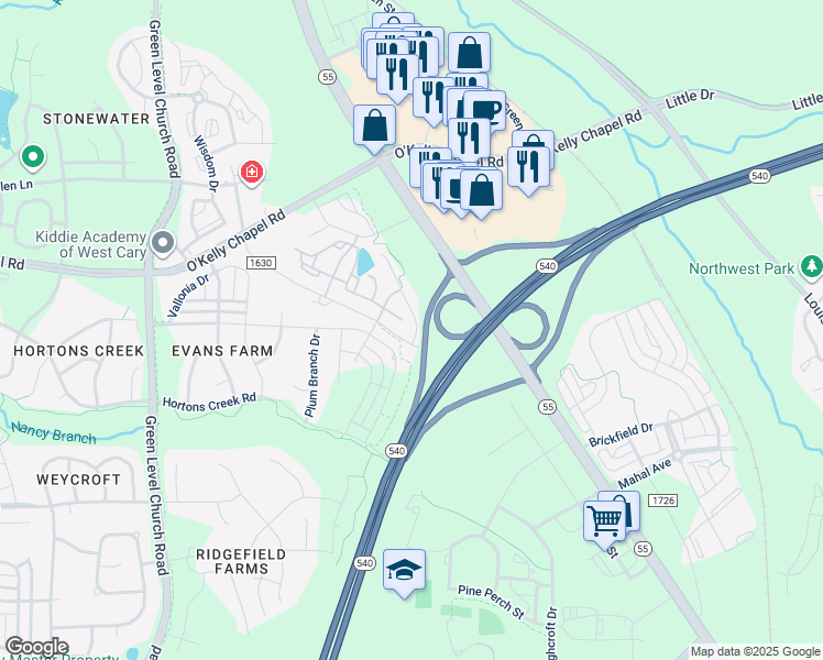 map of restaurants, bars, coffee shops, grocery stores, and more near 1109 Alston Ridge Court in Cary