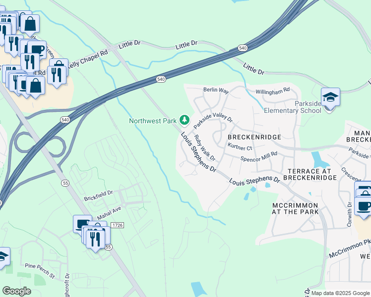 map of restaurants, bars, coffee shops, grocery stores, and more near 215 Walnut Woods Drive in Morrisville