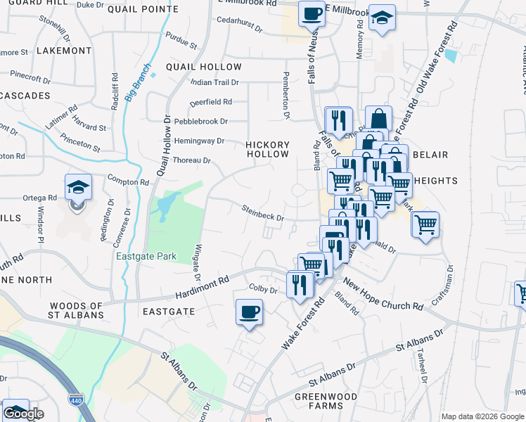 map of restaurants, bars, coffee shops, grocery stores, and more near 4301 Hickory Ridge Drive in Raleigh