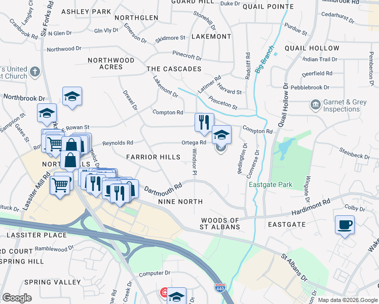 map of restaurants, bars, coffee shops, grocery stores, and more near 421 Ortega Road in Raleigh