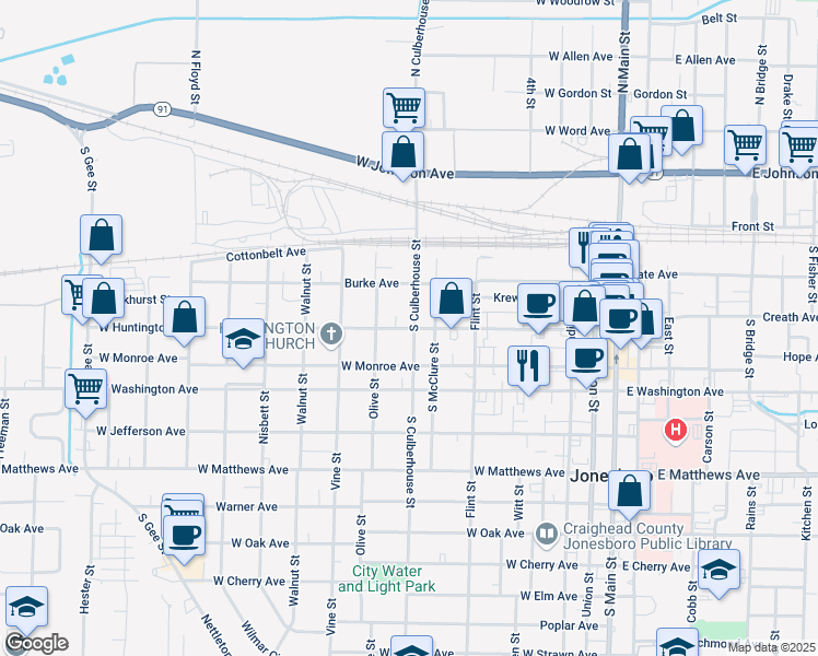 map of restaurants, bars, coffee shops, grocery stores, and more near 226 S Culberhouse St in Jonesboro