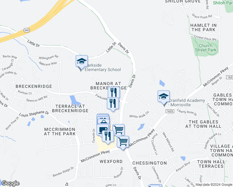 map of restaurants, bars, coffee shops, grocery stores, and more near 141 Brentfield Loop in Morrisville