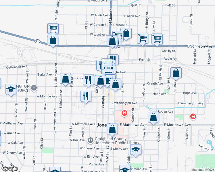 map of restaurants, bars, coffee shops, grocery stores, and more near 249 South Main Street in Jonesboro