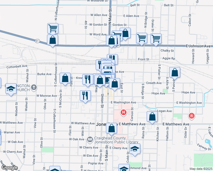 map of restaurants, bars, coffee shops, grocery stores, and more near 231 South Main Street in Jonesboro