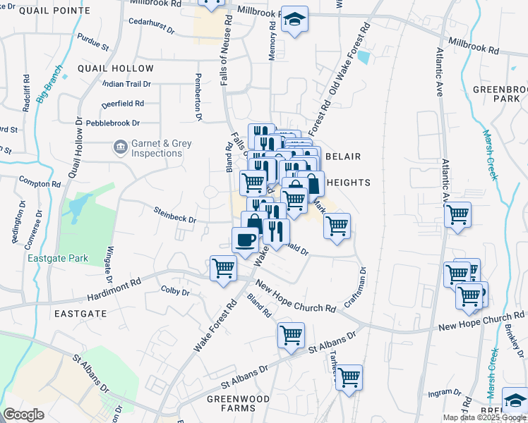 map of restaurants, bars, coffee shops, grocery stores, and more near in Raleigh