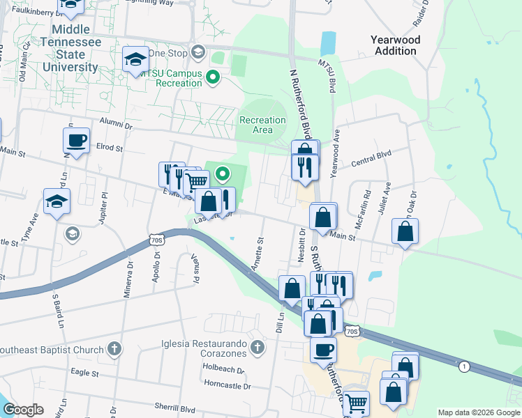 map of restaurants, bars, coffee shops, grocery stores, and more near 110 City View Drive in Murfreesboro
