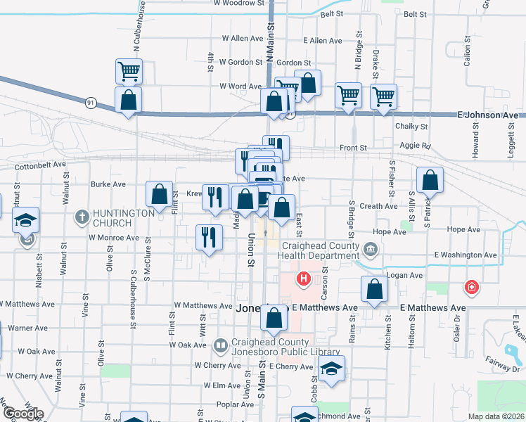 map of restaurants, bars, coffee shops, grocery stores, and more near 249 South Main Street in Jonesboro