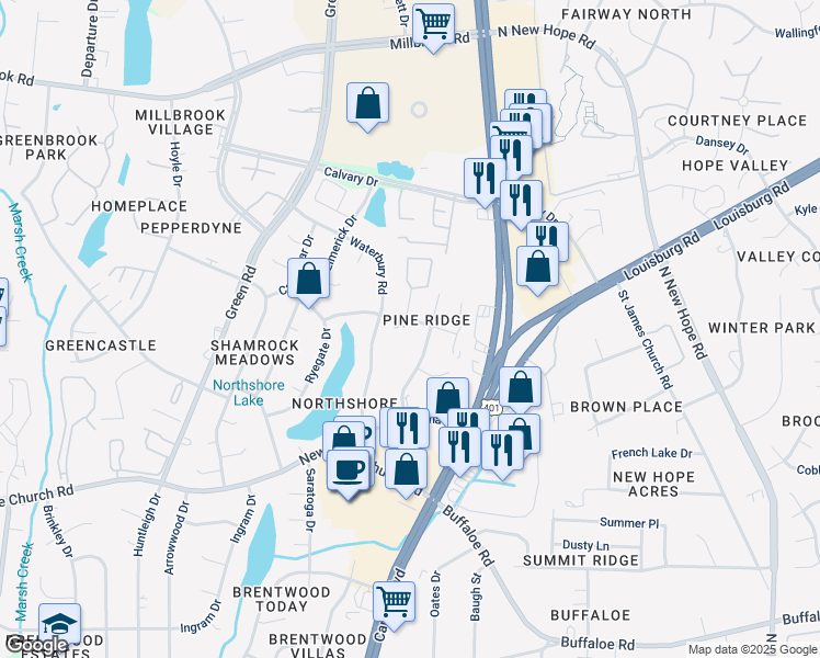 map of restaurants, bars, coffee shops, grocery stores, and more near 3301 Comstock Road in Raleigh