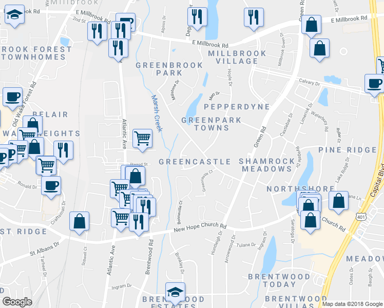 map of restaurants, bars, coffee shops, grocery stores, and more near 4409 Brockton Drive in Raleigh