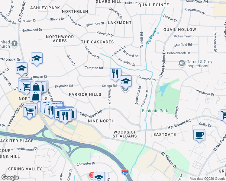map of restaurants, bars, coffee shops, grocery stores, and more near 421 Ortega Road in Raleigh