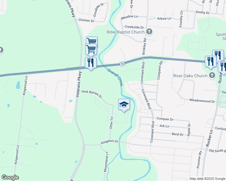 map of restaurants, bars, coffee shops, grocery stores, and more near Jack Byrnes Drive in Murfreesboro