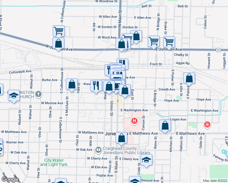 map of restaurants, bars, coffee shops, grocery stores, and more near 231 South Main Street in Jonesboro