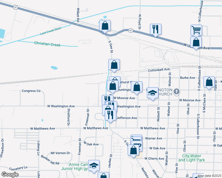 map of restaurants, bars, coffee shops, grocery stores, and more near 7 South Gee Street in Jonesboro