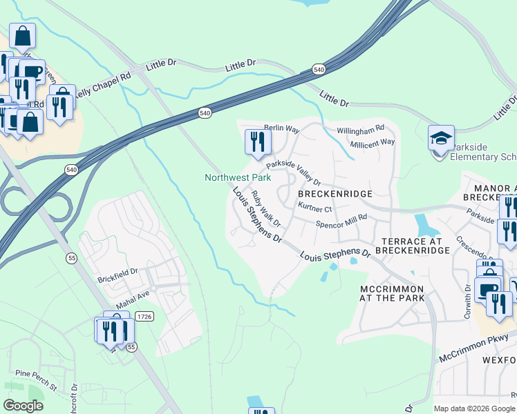 map of restaurants, bars, coffee shops, grocery stores, and more near 116 Ruby Walk Drive in Morrisville