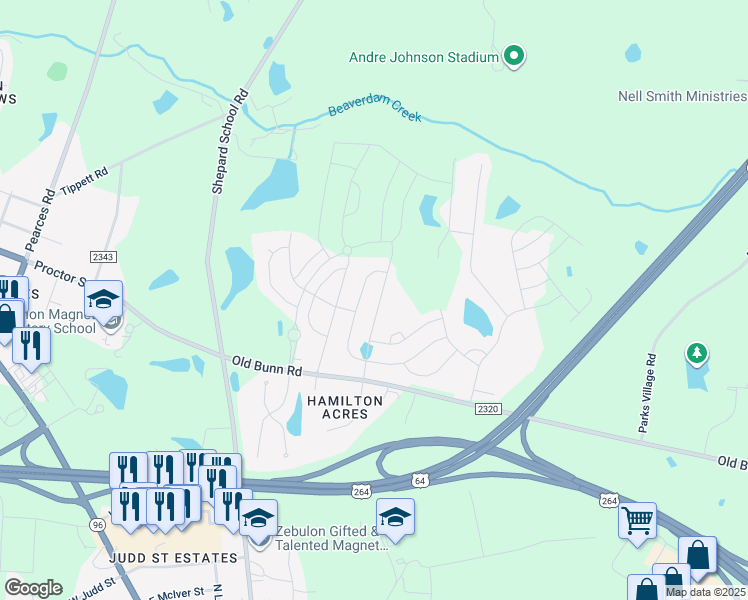 map of restaurants, bars, coffee shops, grocery stores, and more near 753 Frosty Way in Zebulon