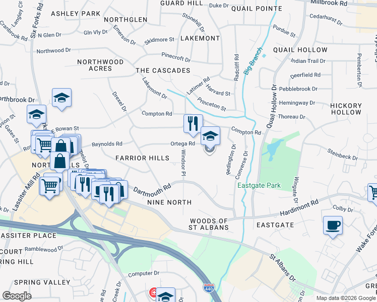 map of restaurants, bars, coffee shops, grocery stores, and more near 421 Ortega Road in Raleigh