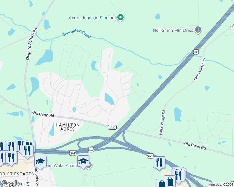 map of restaurants, bars, coffee shops, grocery stores, and more near 361 Rustling Way in Zebulon