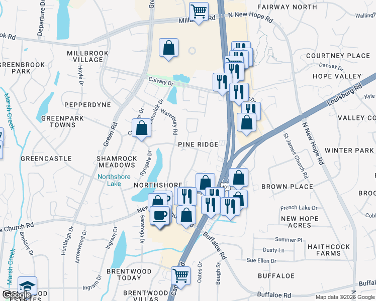 map of restaurants, bars, coffee shops, grocery stores, and more near 3301 Comstock Road in Raleigh