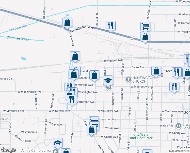 map of restaurants, bars, coffee shops, grocery stores, and more near 206 South Floyd Street in Jonesboro