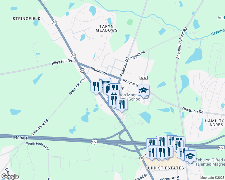 map of restaurants, bars, coffee shops, grocery stores, and more near 307 Nostalgia Lane in Zebulon